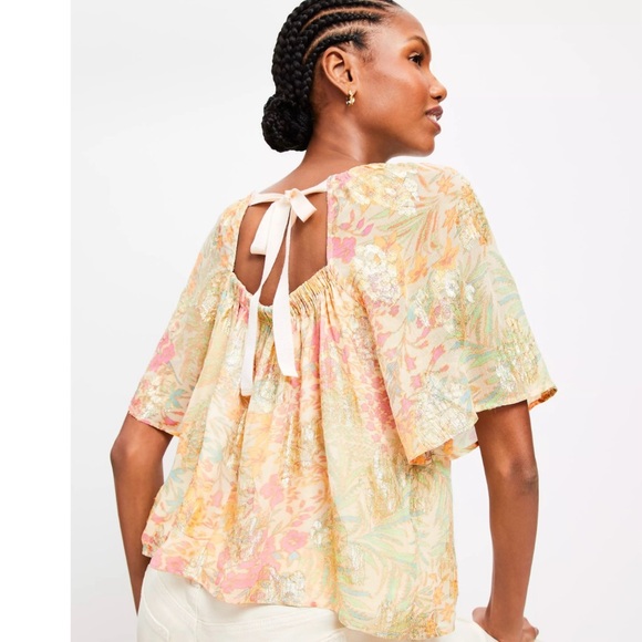 LOFT Tops - LOFT Shimmer Gold Floral Flutter Sleeve Cottagecore Bohemian